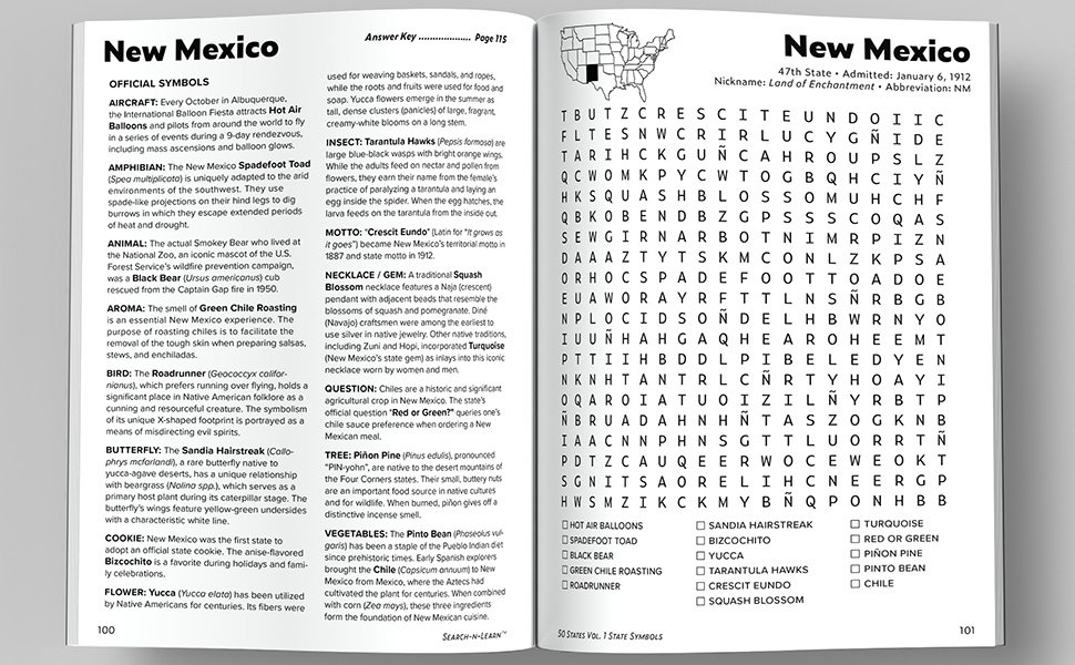 Trivia page on left and large print word search on right.